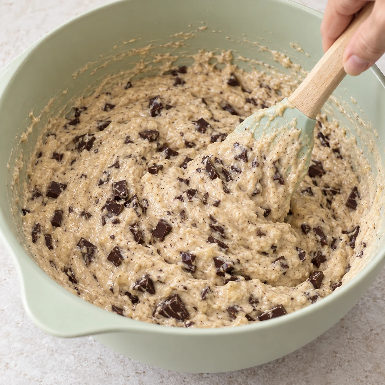 Petits morceaux irréguliers de chocolat noir ajoutés à une pâte beige épaisse dans le bol.