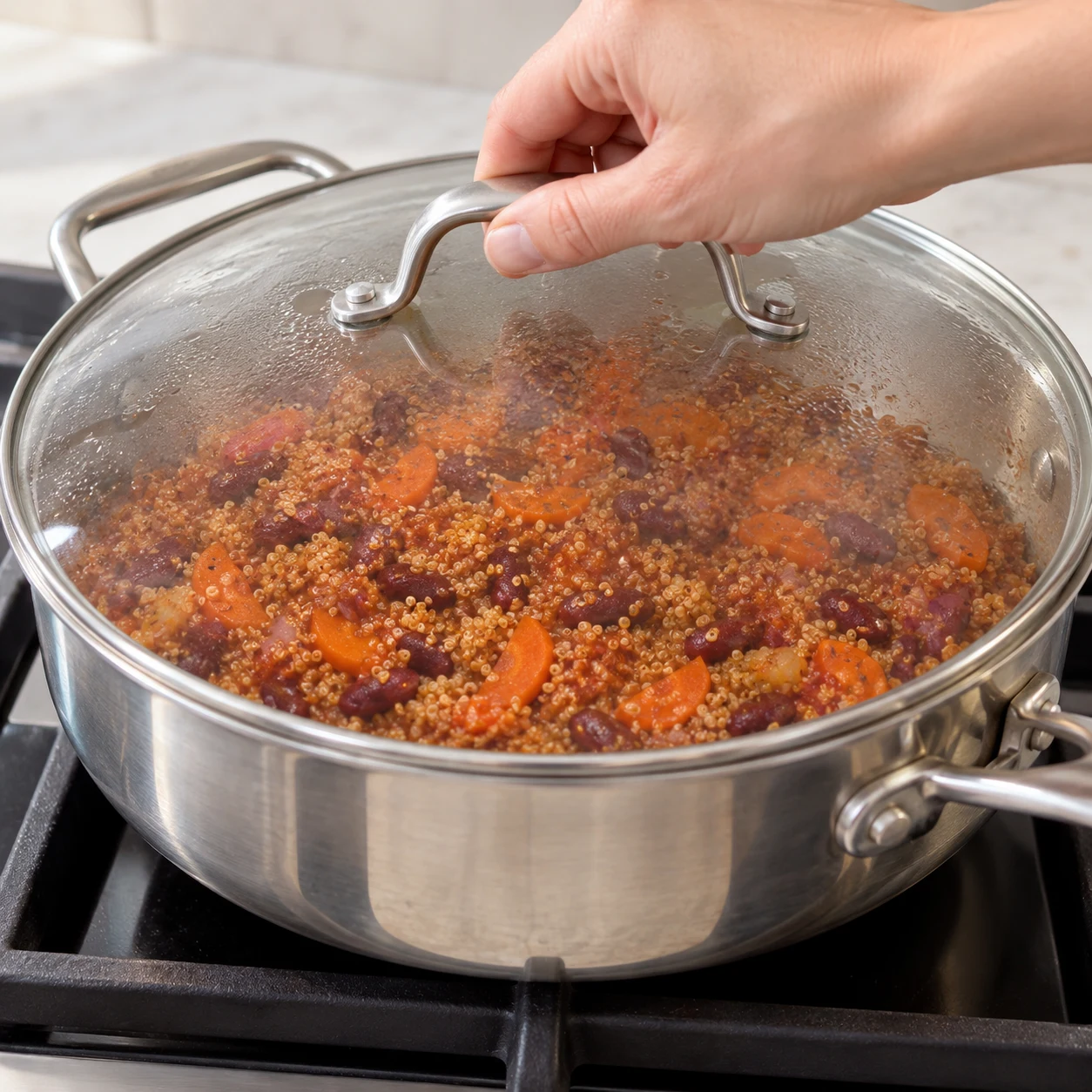 Sauteuse couverte d’un couvercle neutre, quinoa haricots carottes en cuisson, aucun maïs ni coriandre.