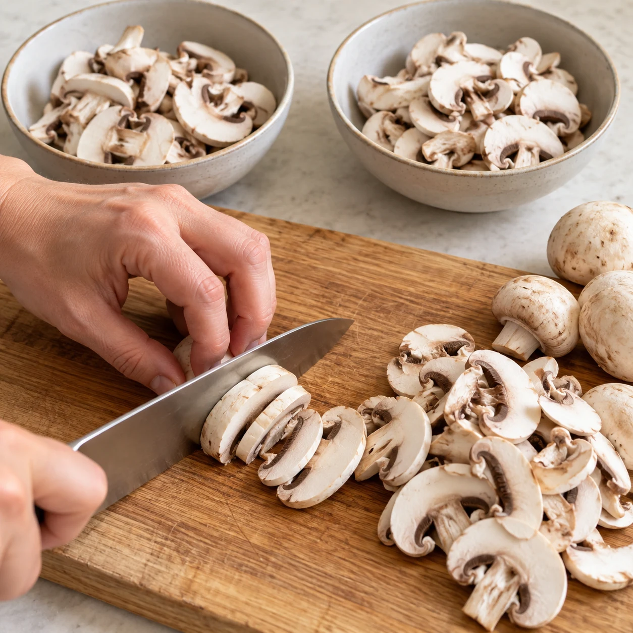 Émincer les champignons : Nettoie les 1200 g de champignons de Paris et émince-les sur une planche stable, les doigts repliés. Réserve la moitié pour le bouillon et la moitié pour la poêle. Repère final : Les champignons sont coupés en lamelles et répartis en deux parts égales.