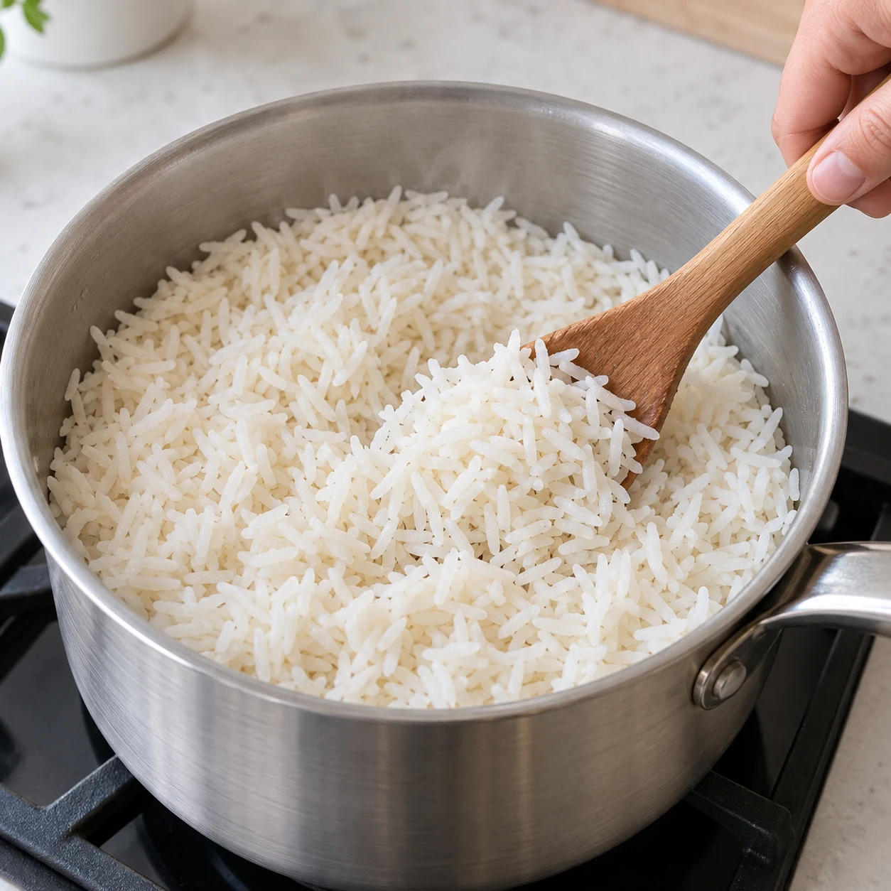 Riz basmati blanc cuit dans une casserole neutre, grains distincts ; aucun autre ingrédient.