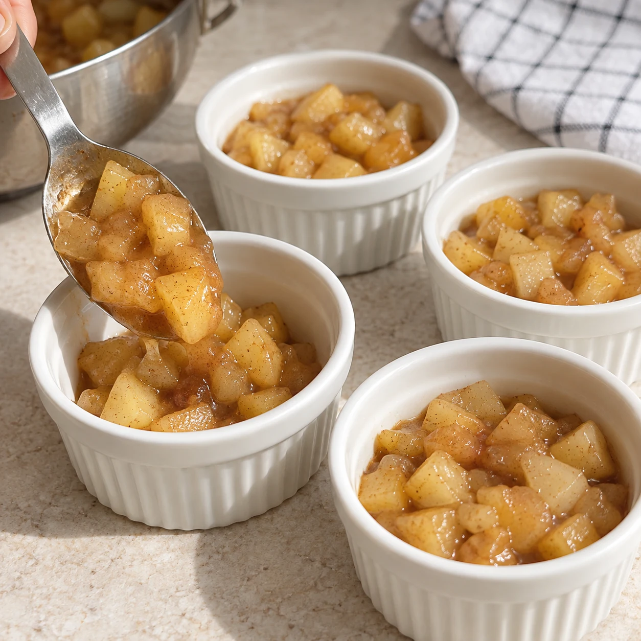 Une cuillère remplit un ramequin de fruits fondants et jus ambré.