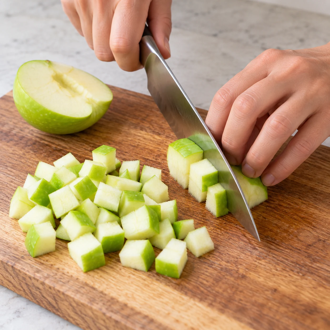Couper la pomme : Les dés de pomme ont leur peau verte, sans trognon ni pépins. Montrer seulement les ingrédients présents à ce stade, mains adultes anonymes si le geste le nécessite.
