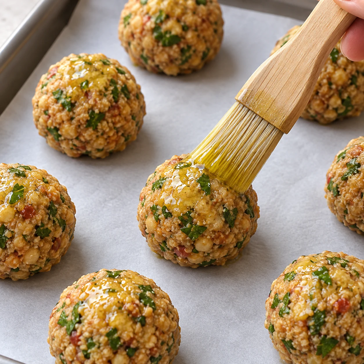 Une seule phase : Badigeonnez légèrement les boulettes d’huile d’olive. État attendu : Une fine pellicule d’huile couvre la surface des boulettes. Sans texte, sans personne identifiable, uniquement les ingrédients de cette étape.