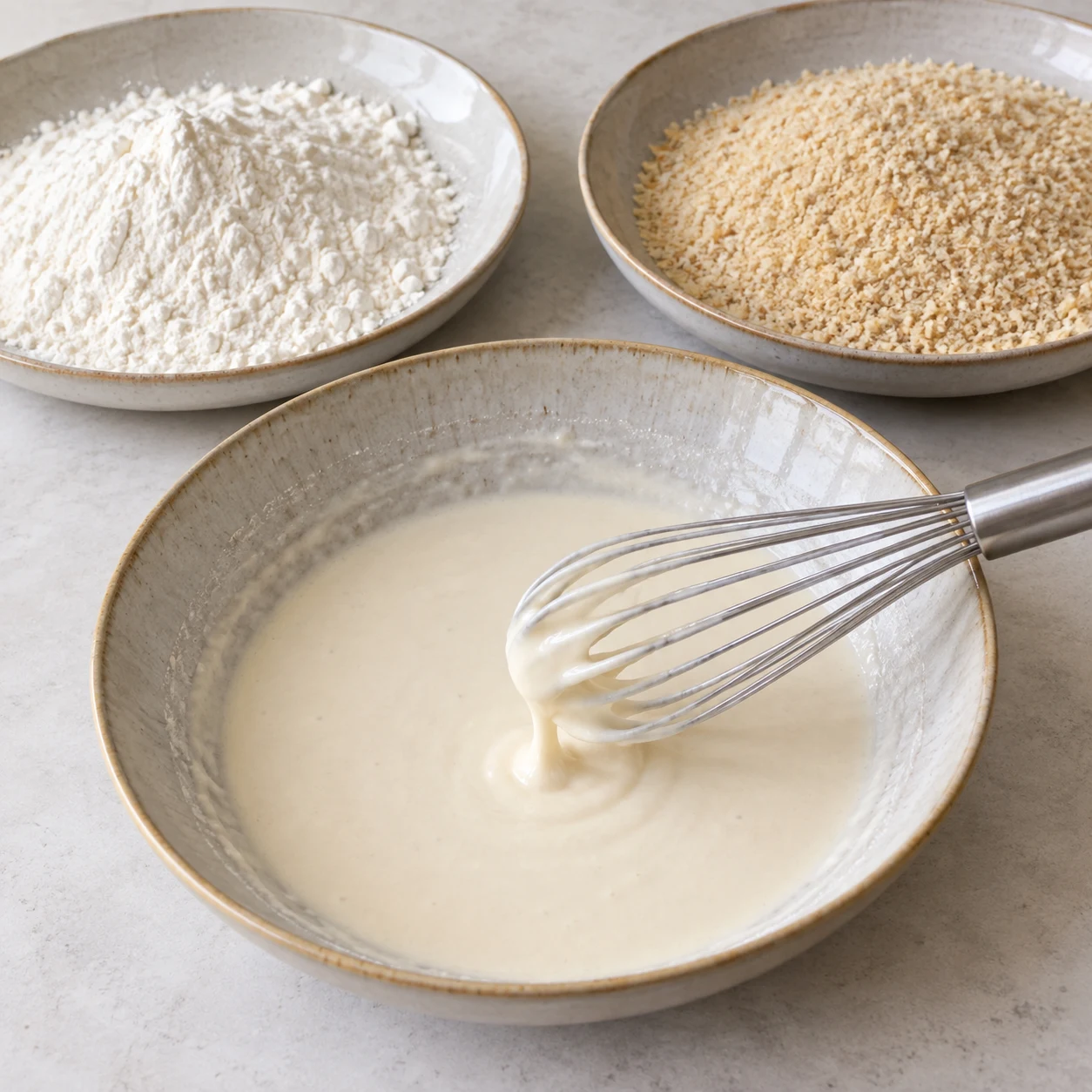 Mélanger la pâte de panure. Prélève 40 g sur les 120 g de farine et mélange-les avec les 100 ml d’eau dans une assiette creuse. Garde les 80 g de farine restants et la chapelure dans deux autres assiettes. Résultat : La pâte est lisse et les trois assiettes sont prêtes.. Uniquement : Farine de blé T55, Eau pour la pâte de panure, Chapelure de pain. Aucun ingrédient futur.