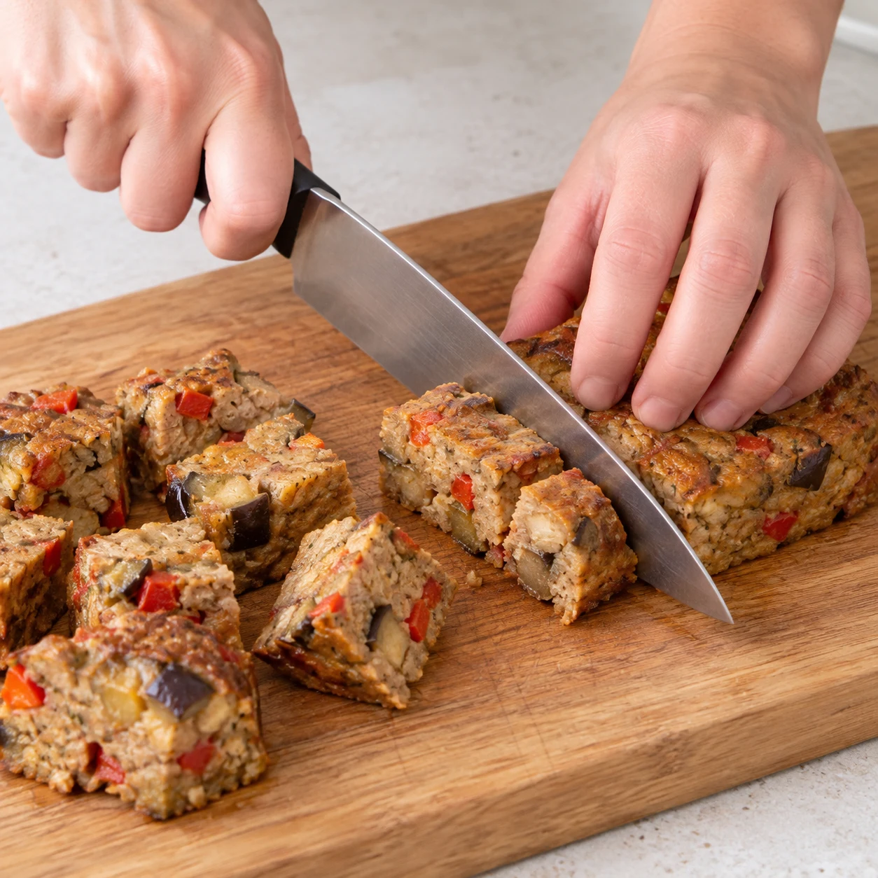 Mains anonymes coupant de grosses spécialités de seitan aux petits morceaux d’aubergine et poivron, brun beige cuit, en morceaux réguliers ; pas de tofu blanc ni viande.