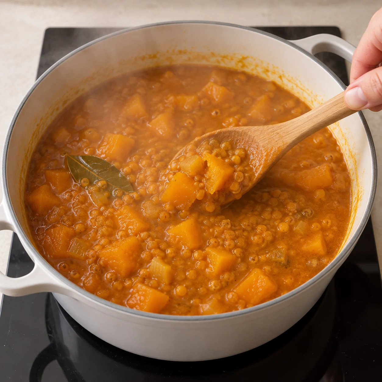 Soupe mijotée, morceaux de butternut fondants et lentilles cuites.