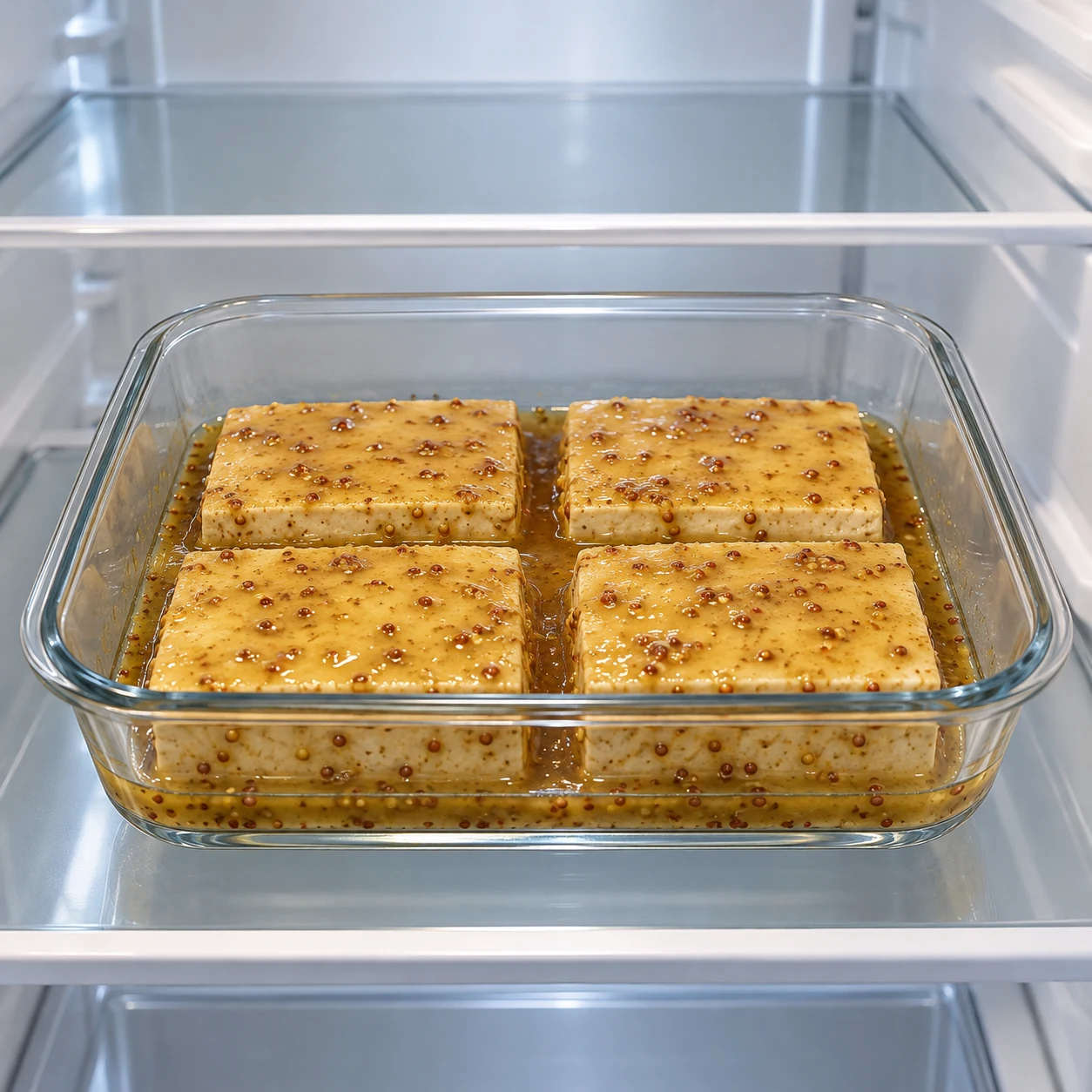 Récipient neutre contenant quatre pavés de tofu enrobés de marinade, au frais, aucun geste ajouté.