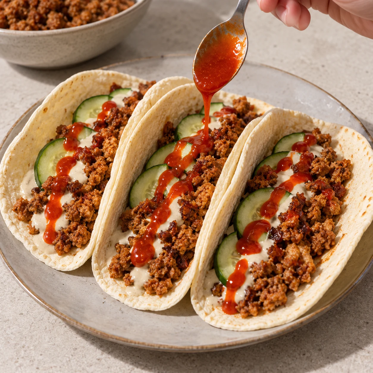 Main anonyme versant une petite touche de sriracha rouge sur les tacos ouverts déjà garnis.