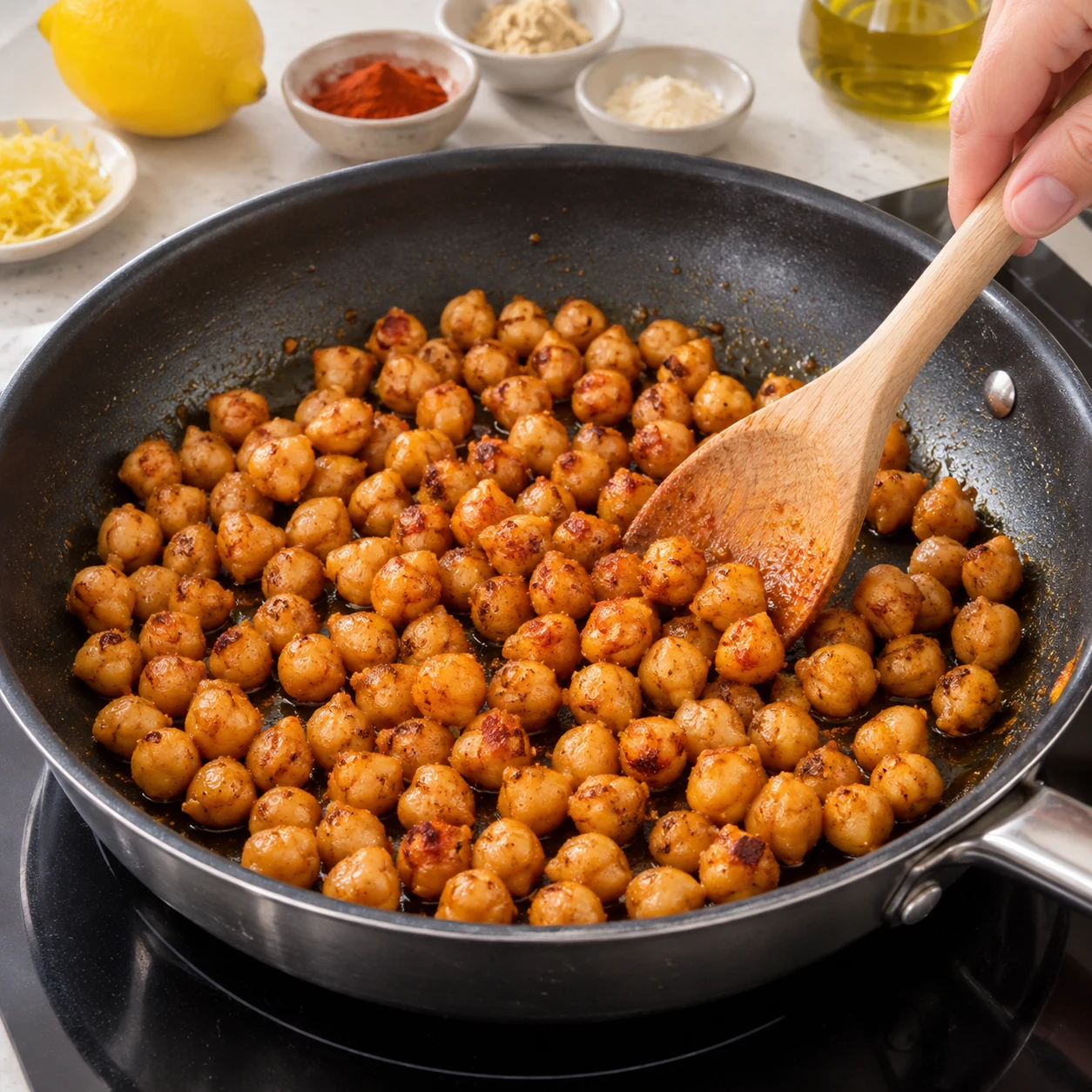 Photographie d’une seule action : Fais revenir le pois chiches mariné dans une poêle avec 1 c. à soupe d’huile d’olive. Retourne les pois chiches délicatement jusqu’à ce que leurs faces soient dorées. Résultat attendu : Les pois chiches sont dorés sur leurs faces et restent entiers. Adaptation entièrement végane ; pois chiches entiers, aucun crustacé ni produit laitier.