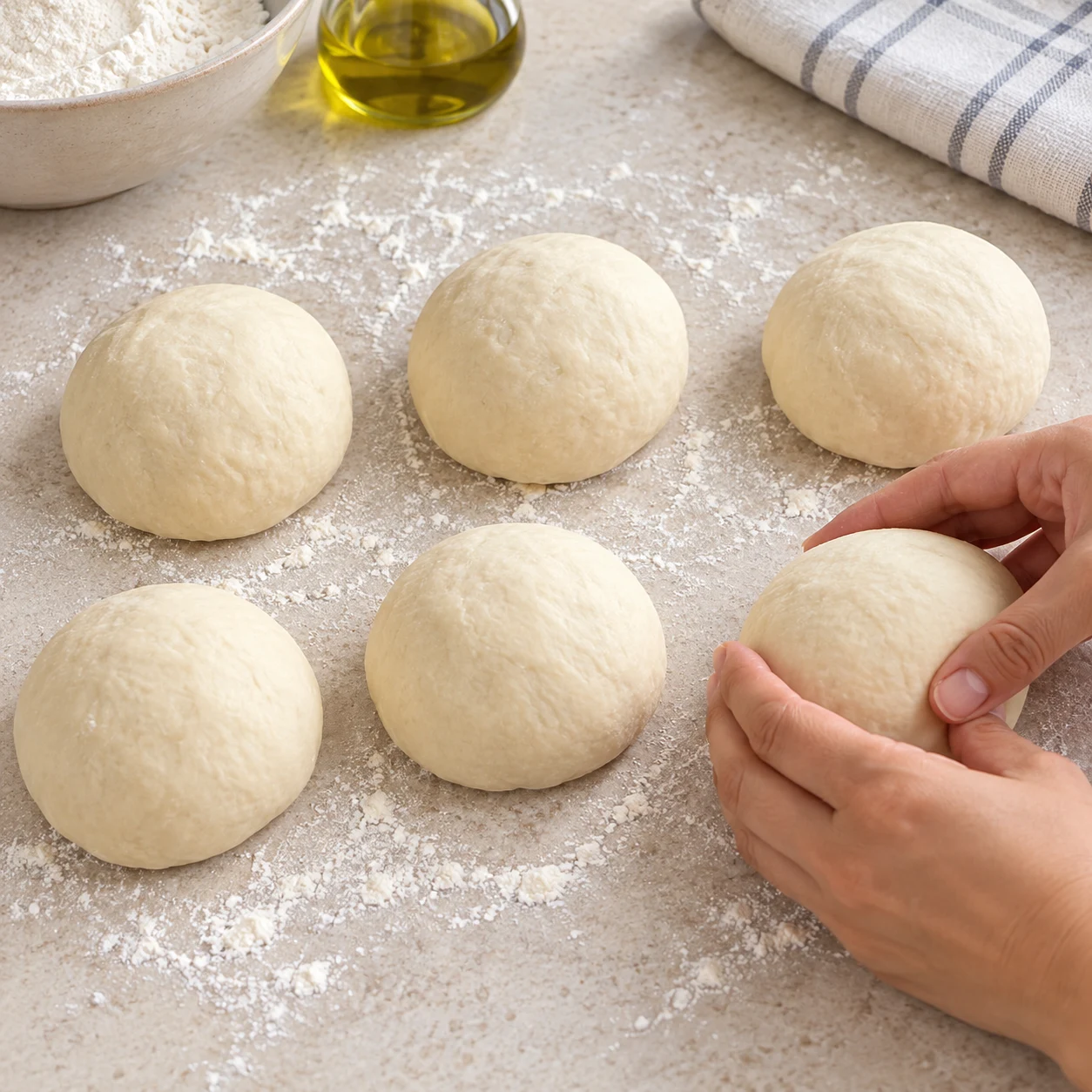 Divisez la pâte en six pâtons de taille égale.