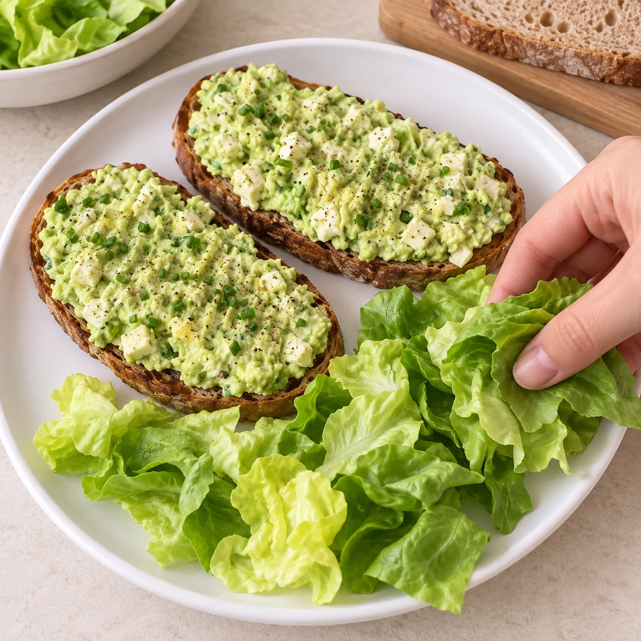 Tartines vert pâle à petits morceaux de tofu et salade fraîche non assaisonnée à côté.