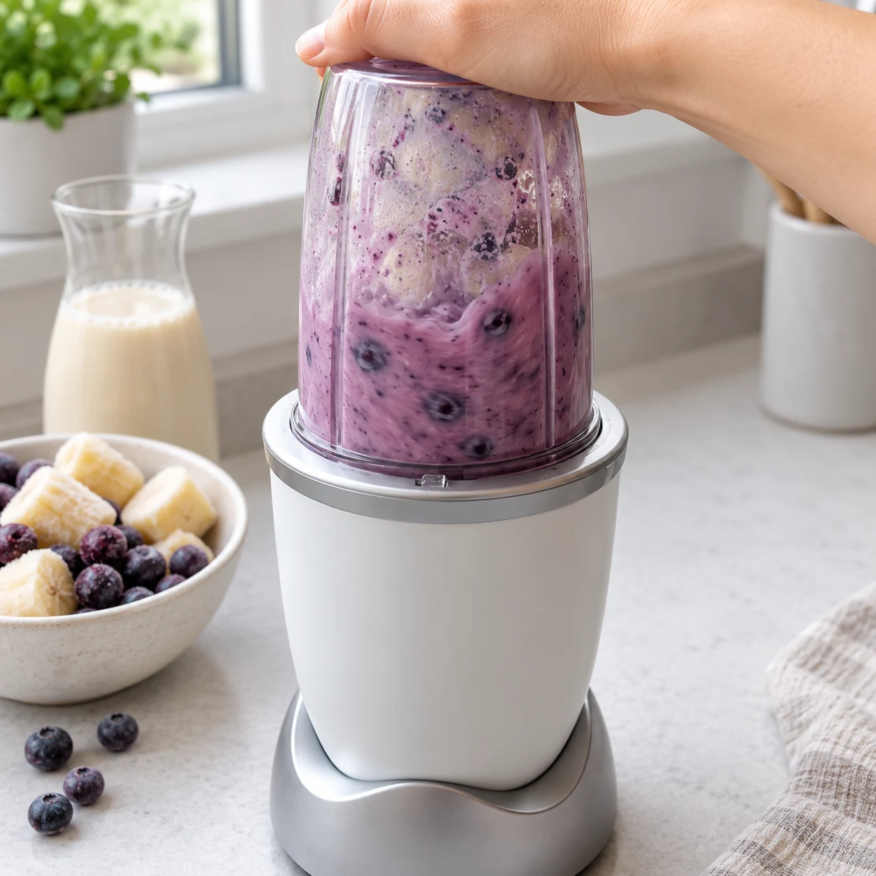 Les morceaux de fruits se transforment en une crème violette.