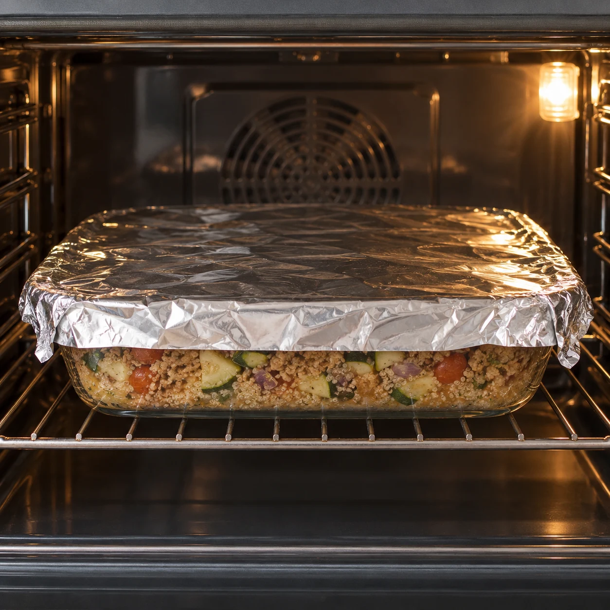 Enfourne le plat couvert à 200 °C pendant 40 minutes. La cuisson groupée du quinoa et des légumes est conservée pour cette adaptation. Montrer uniquement les ingrédients déjà introduits ; cadrage rapproché, mains anonymes si utiles.