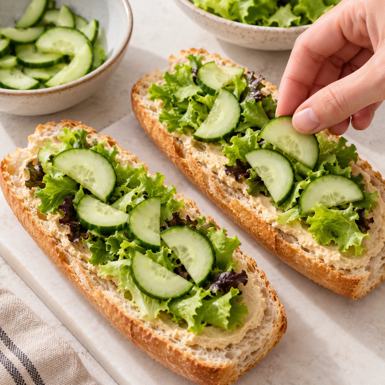 Demi-rondelles de concombre ajoutées sur la salade dans le sandwich.