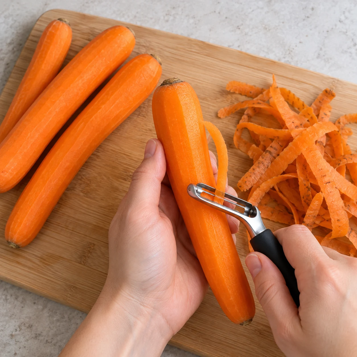Éplucher les carottes : Les carottes n’ont plus de peau.