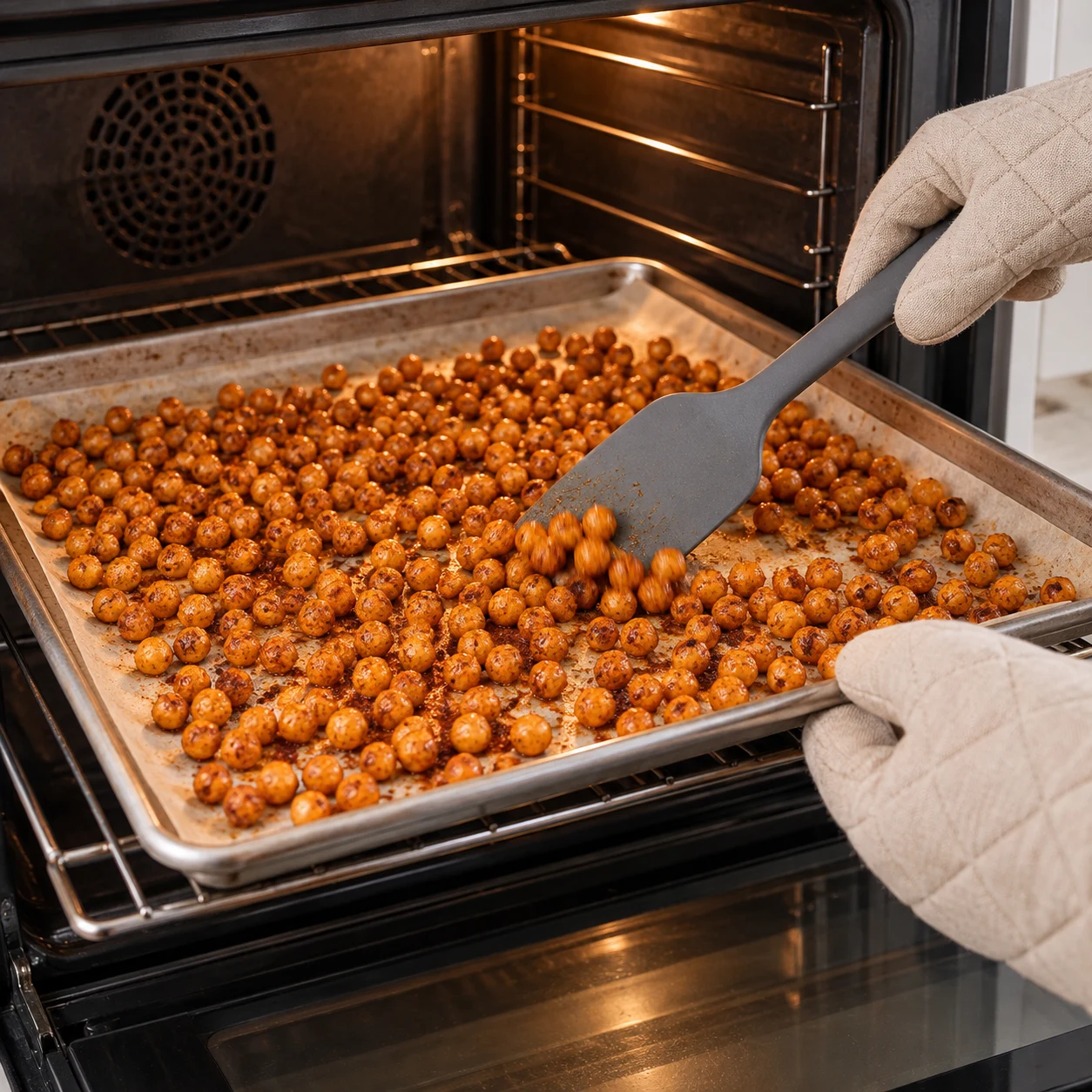 Pois chiches en train de griller sur la plaque, spatule les remuant, main protégée par un gant de four neutre.