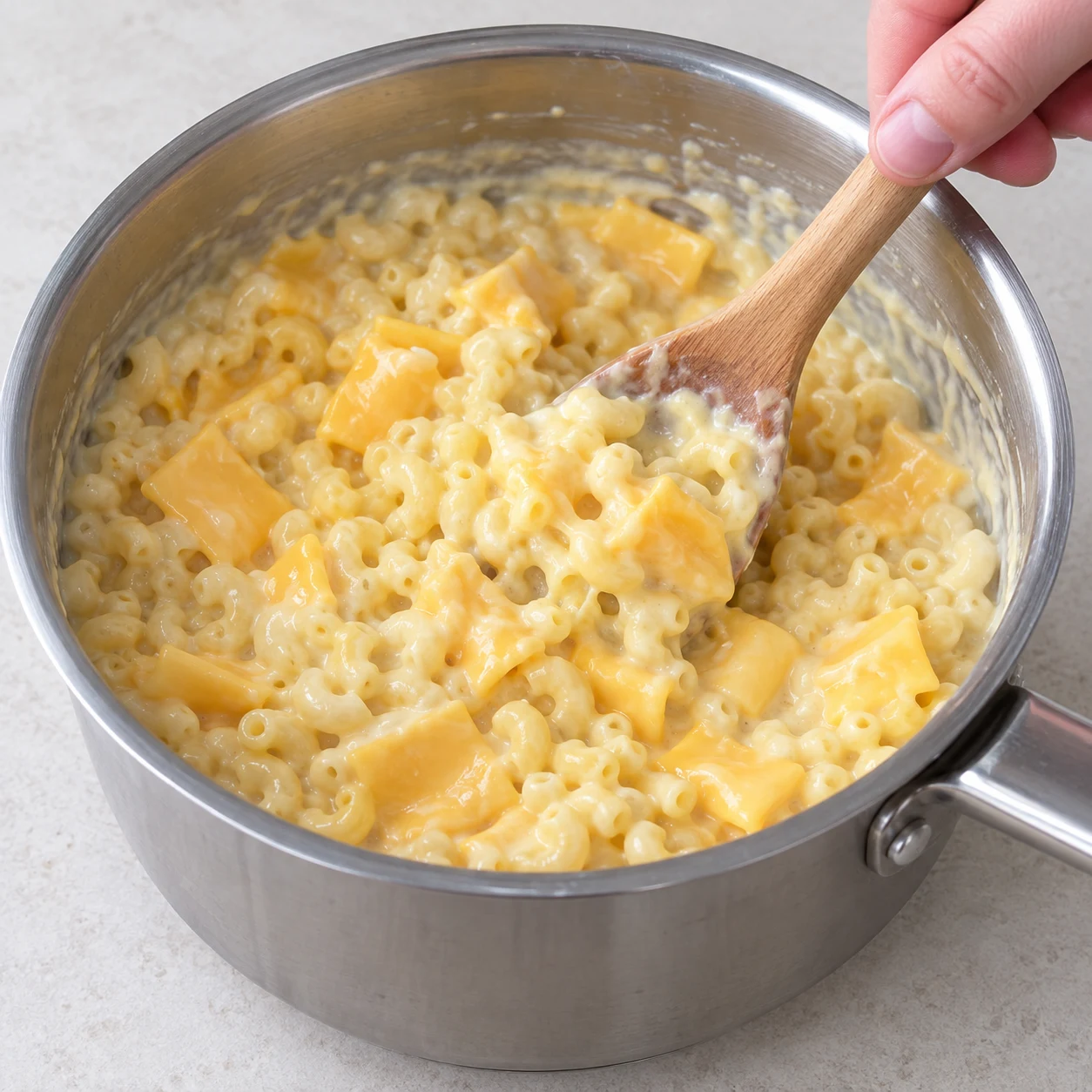 Ajouter petits morceaux de tranchettes jaunes végétales à la sauce crémeuse des coquillettes.
