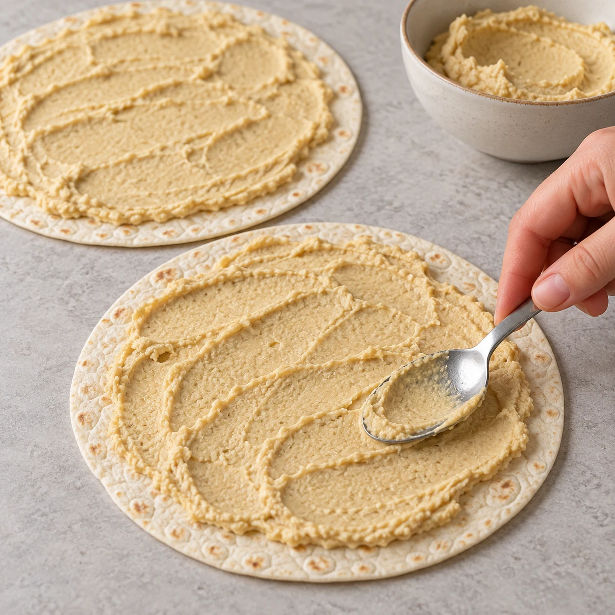 Étale le houmous sur les 2 tortillas.