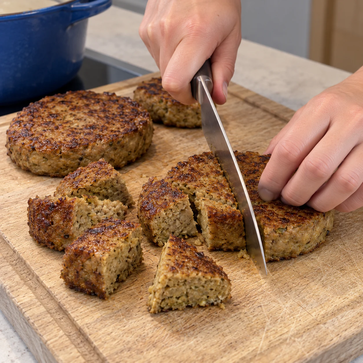 Couteau découpant des steaks végétaux de pois cuits et dorés en gros morceaux sur une planche ; texture de galette végétale, pas fibres de seitan.