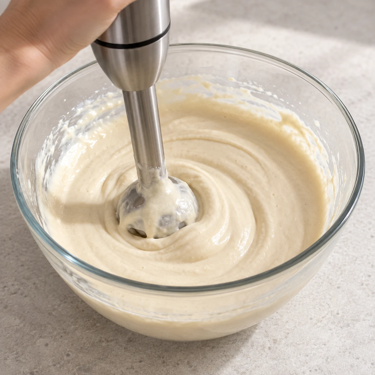 Un mixeur lisse une crème beige de cajou et de yaourt soja dans un saladier. Aucun tartinable ni tofu.
