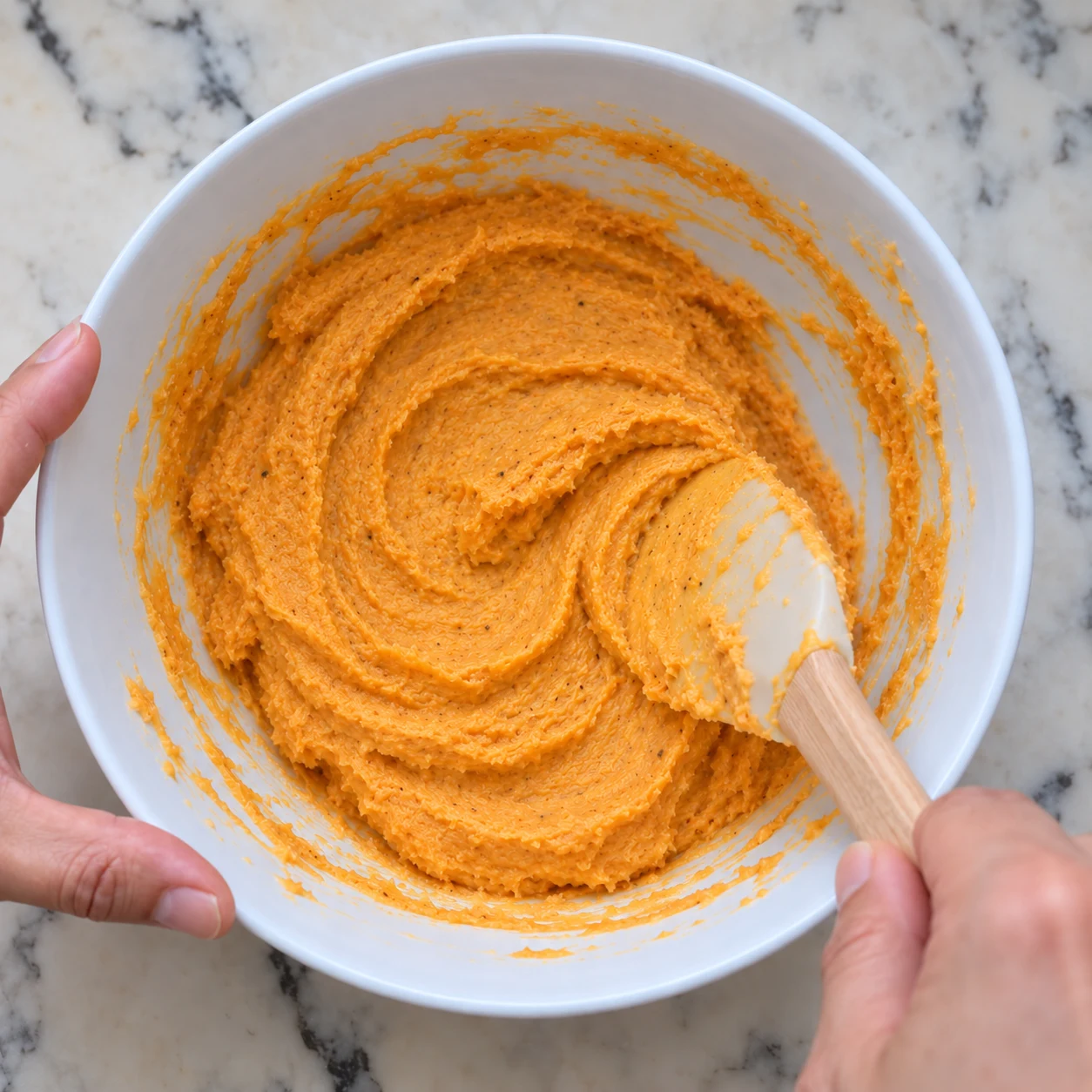 Saladier de pâte orange homogène à la patate douce ; spatule mélangeant, aucune trace de fromage râpé ni œuf.