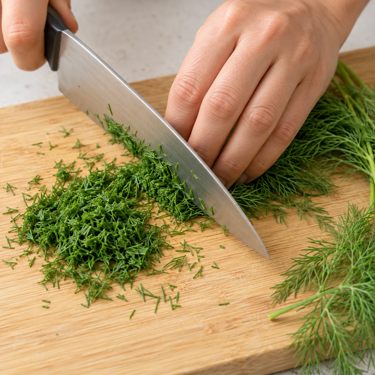 Ciseler l’aneth : L’aneth destiné à la sauce est finement ciselé.