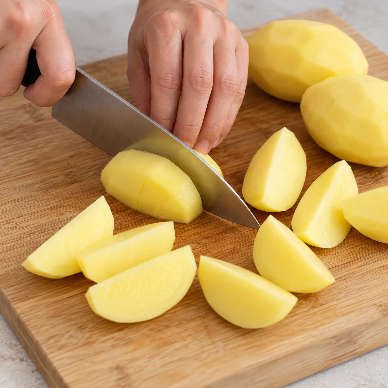 Photographie culinaire carrée de cette seule action : Couper les pommes de terre. Quartiers pelés de taille régulière. Aucun poulet ni produit animal.