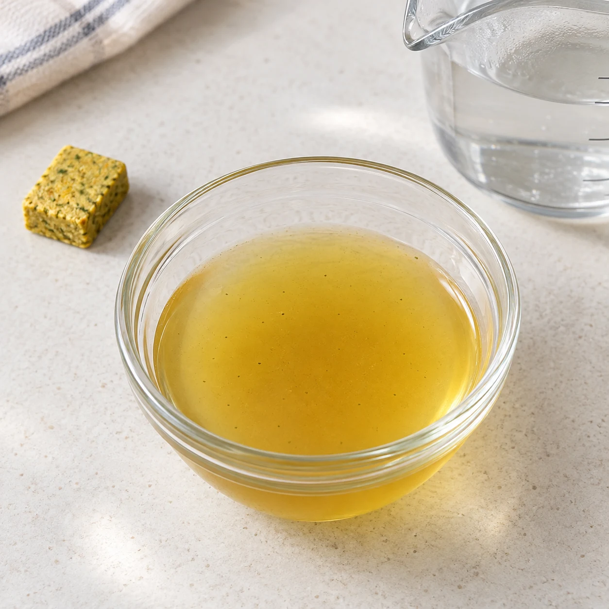 Bouillon de légumes clair reconstitué dans un petit récipient, eau et cube seulement.