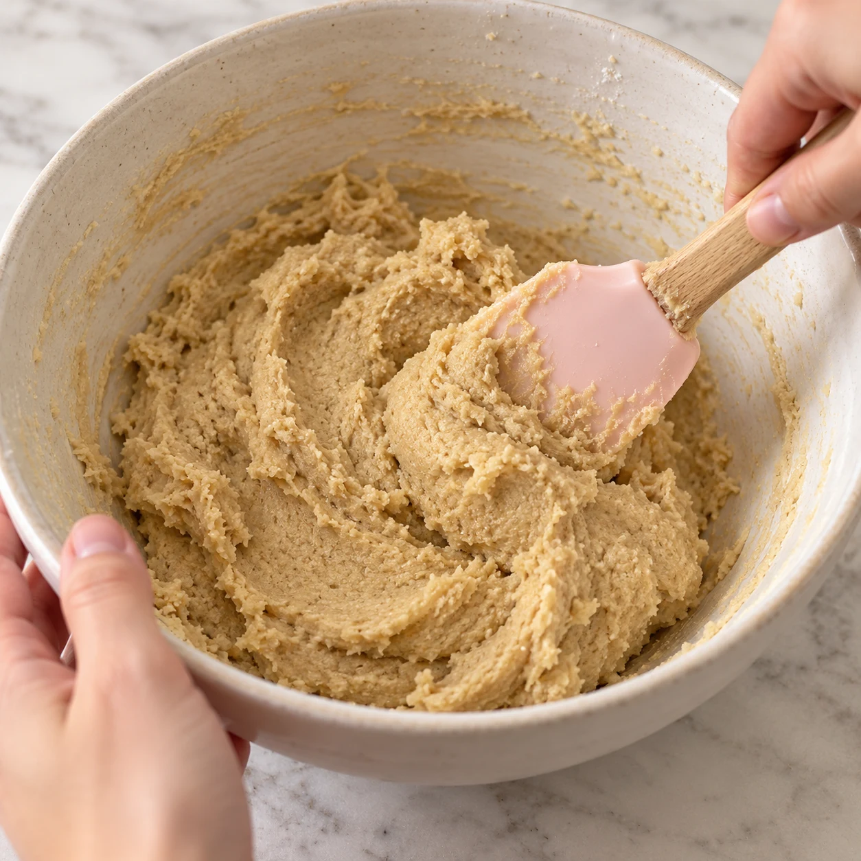 Spatule mélangeant une pâte épaisse beige sans chocolat.
