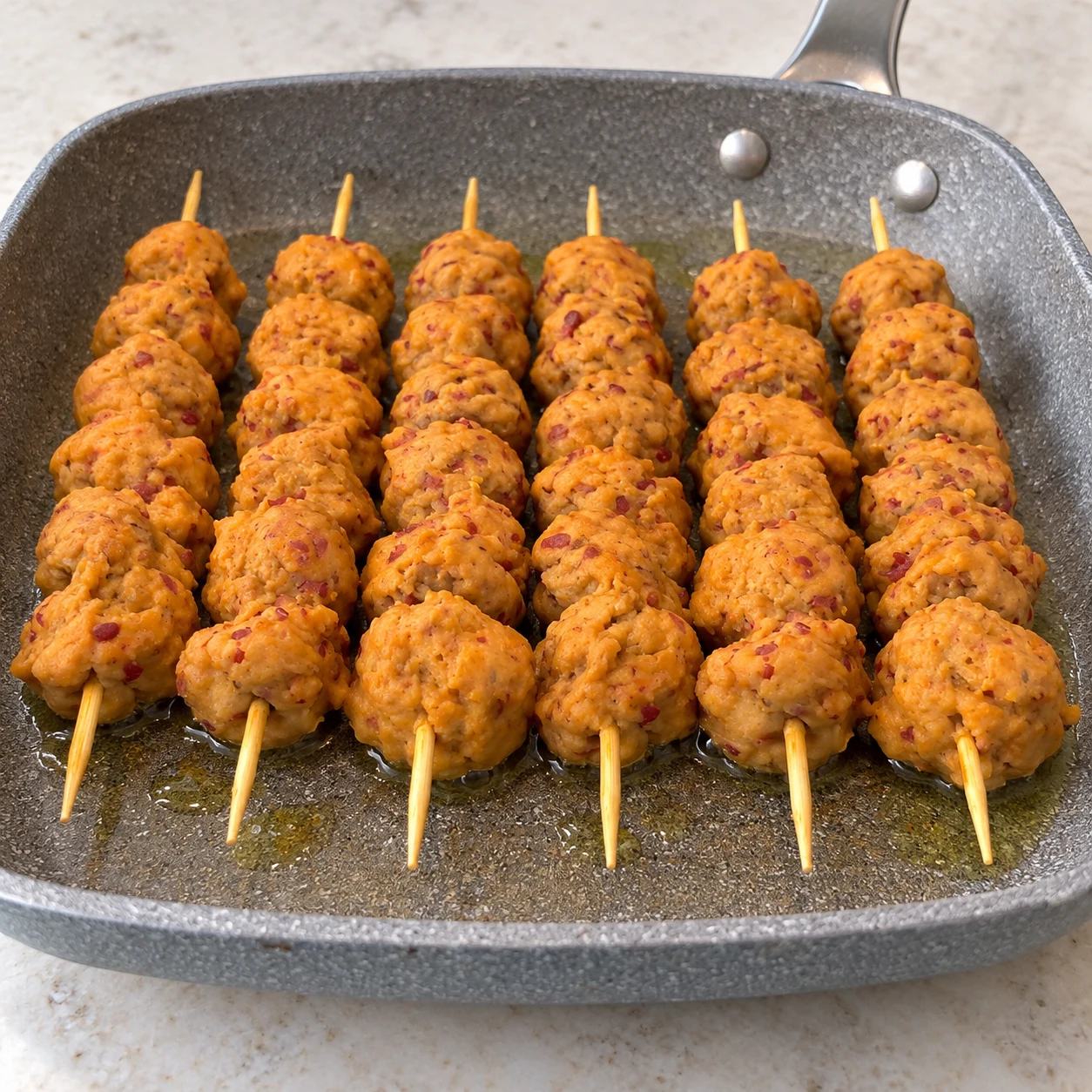 Brochettes de seitan orangé grésillant sur leur première face dans une poêle huilée.