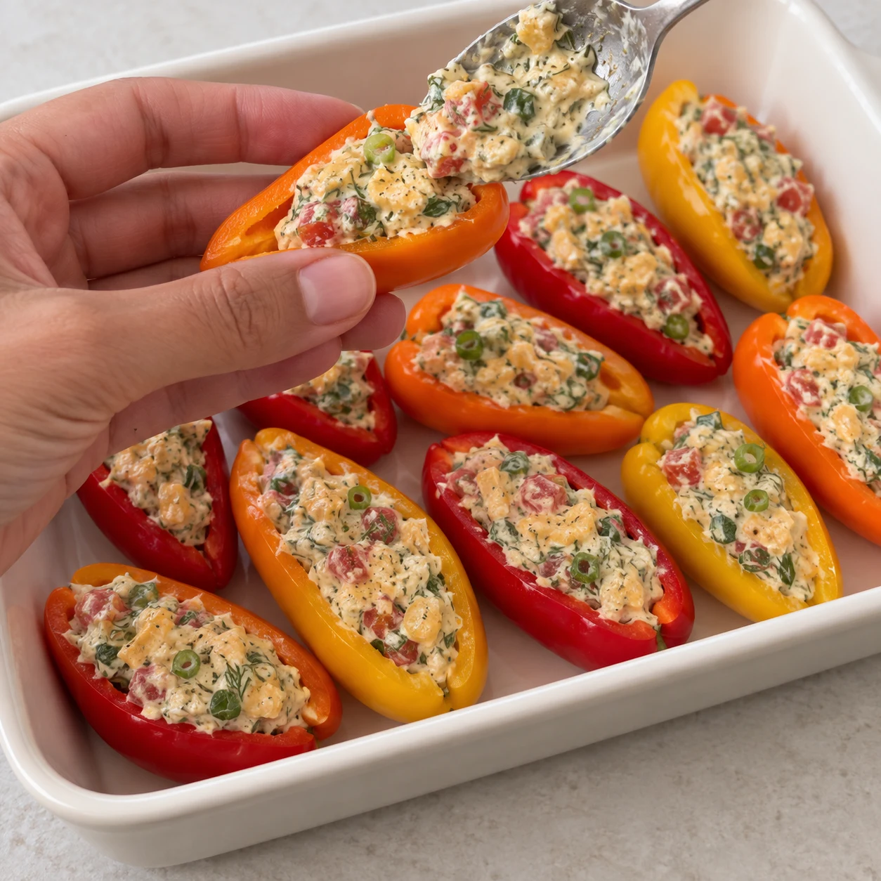 Une main anonyme garnit un mini-poivron cru ouvert avec une cuillère de farce végétale déjà mélangée, jaune-orangé avec tomate et herbes ; les autres mini-poivrons crus sont dans le plat de cuisson. Aucun sirop ni huile de finition.