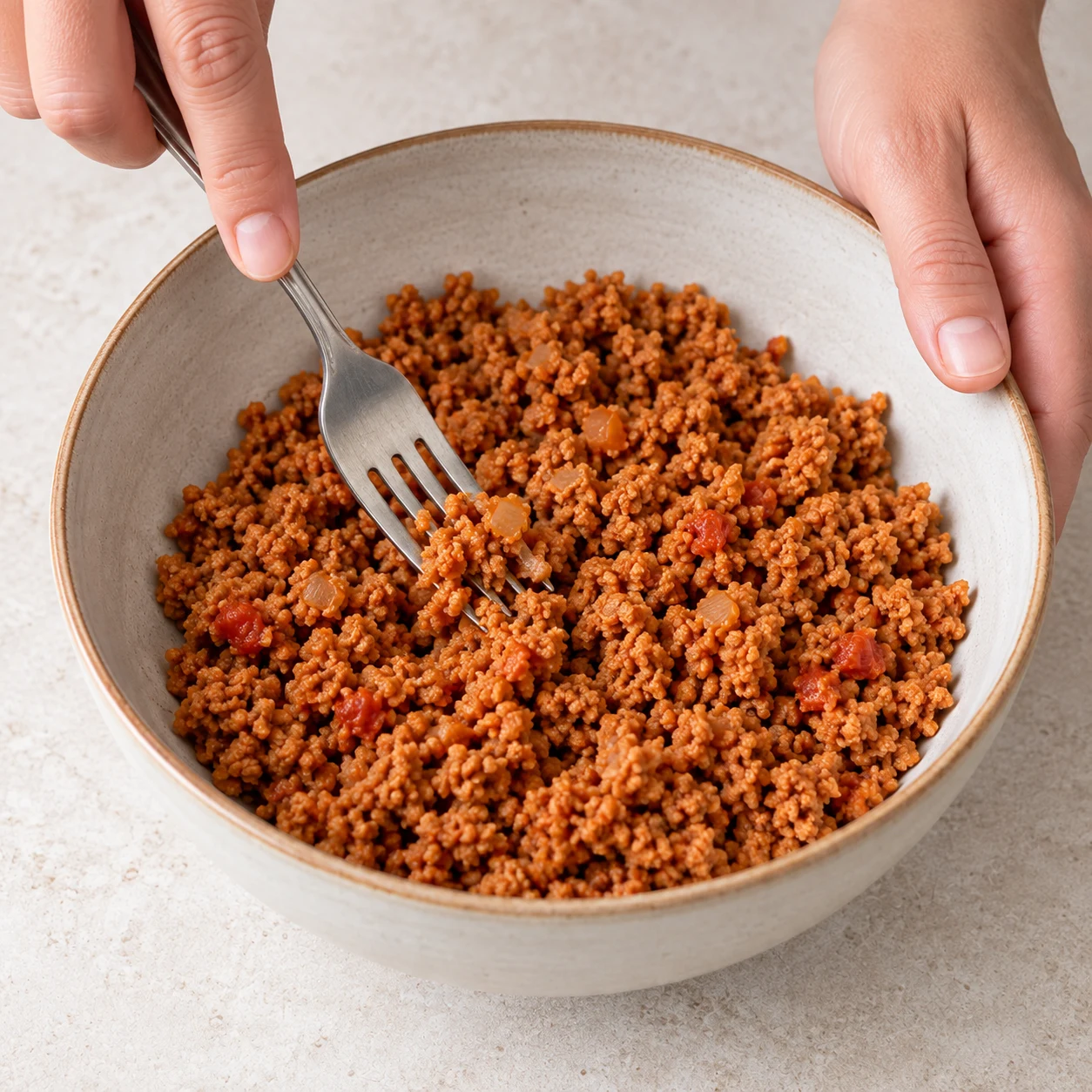 Ouvrez le sachet de haché de soja cuisiné et séparez délicatement les 250 g en petits morceaux dans un saladier. Le produit est déjà cuisiné aux oignons et à la tomate. Résultat visuel : Le haché de soja forme des petits morceaux séparés. Montrer seulement les ingrédients de cette étape, sur plan de travail pierre pâle ; pas de viande, pas d’œuf, pas de tofu.