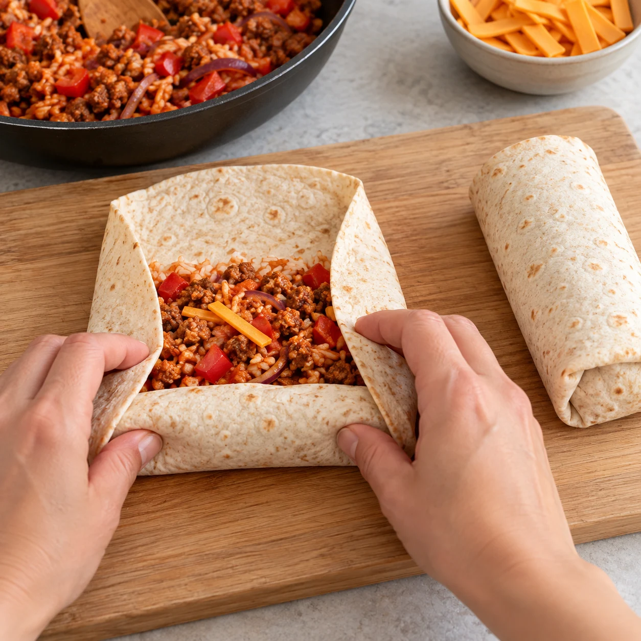 Deux mains adultes anonymes repliant et roulant une tortilla garnie ; tortilla souple sans dorure ajoutée.