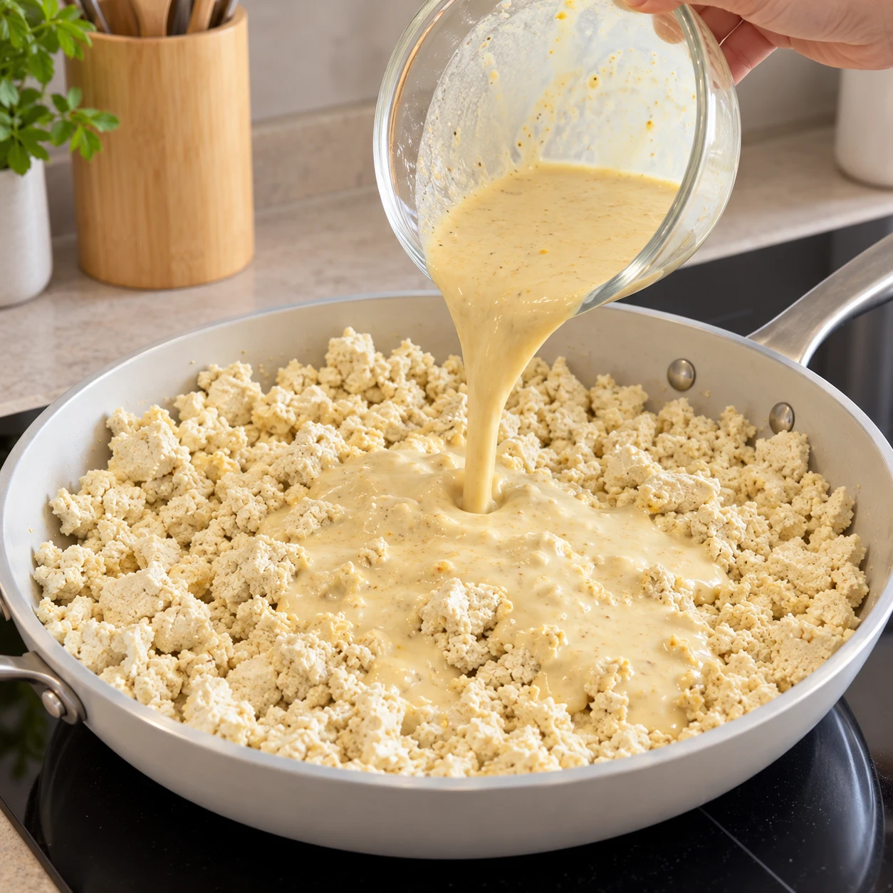Main anonyme inclinant un bol en verre pour verser la sauce jaune pâle sur le tofu blanc.
