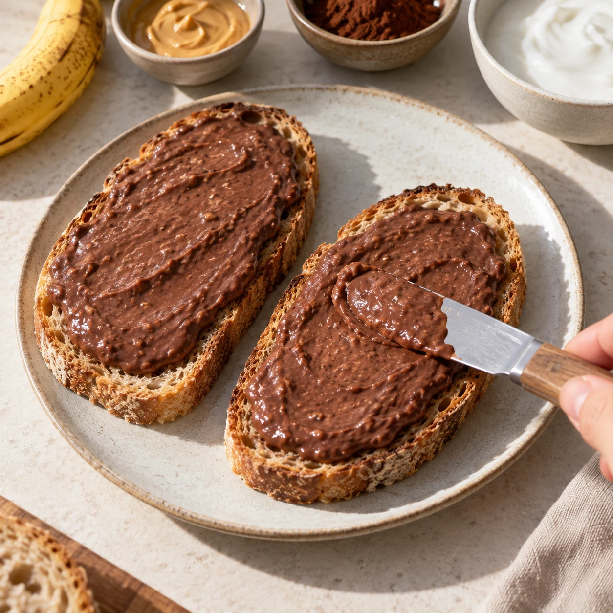 Couteau à tartiner étalant une épaisse couche brune sur une tranche de pain au levain ; autre tranche à côté.