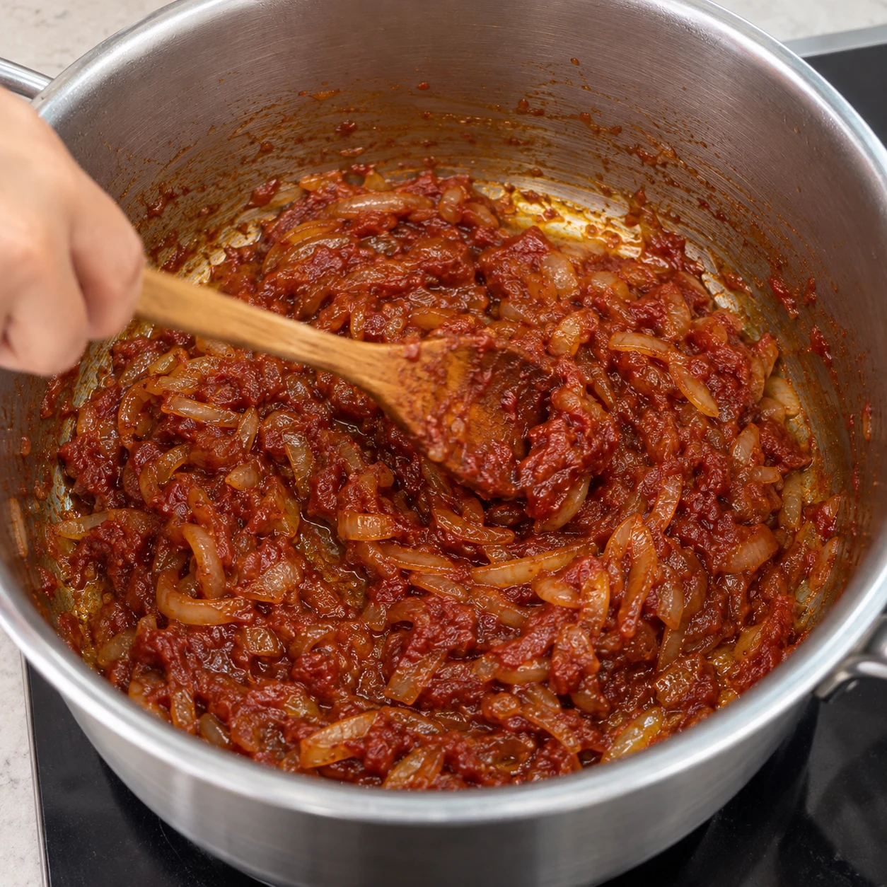 Une seule action : Faire revenir la base tomate. Le concentré est bien réparti et a foncé sans brûler. Version végétale aux pois chiches, aucune viande, aucun seitan, aucun tofu.