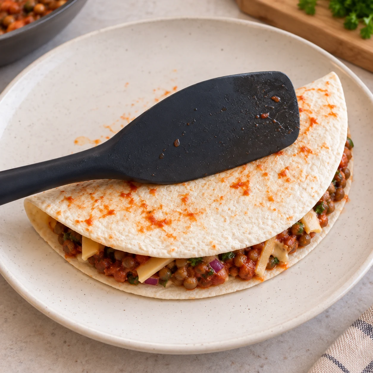 Photographie pédagogique carrée : Replie la moitié libre sur la garniture et maintiens-la doucement avec la spatule. Répète le montage pour les six tacos. Résultat : Le taco est fermé en demi-lune et la garniture reste à l’intérieur. Mains adultes anonymes seulement si nécessaires ; lentilles cuites petites et brunes à la place des haricots rouges de la capture, option source documentée ; fromage végétal au lieu de laitier lorsque présent. Aucun texte.