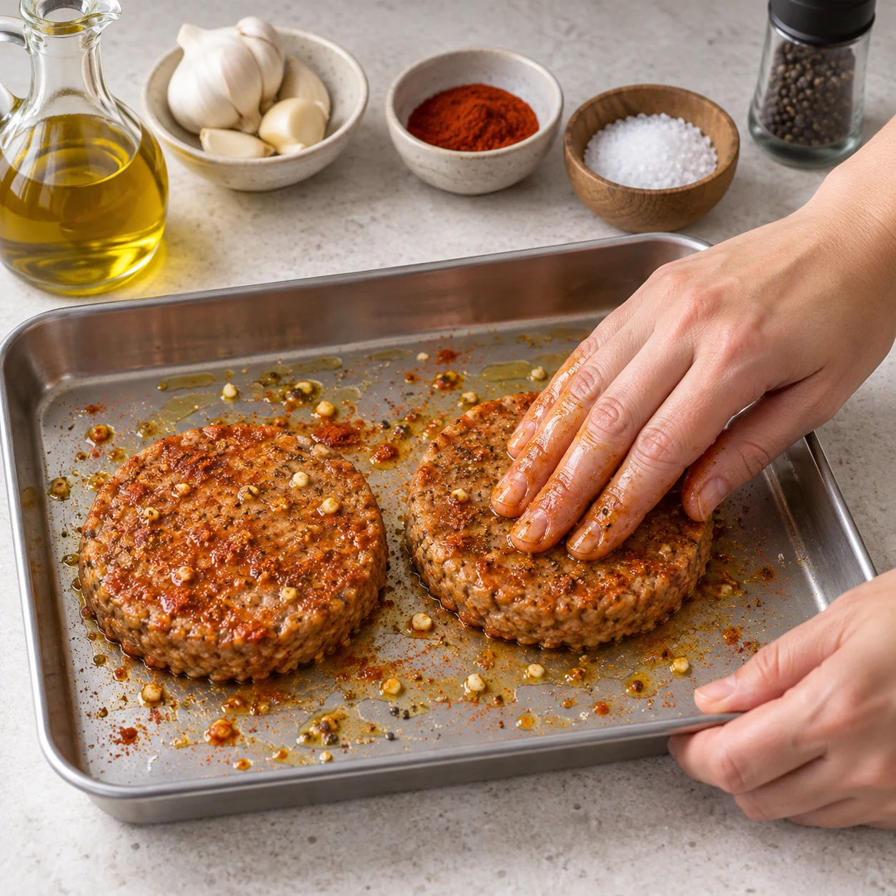 Deux steaks végétaux ronds de protéines de pois et de fèveroles sont enrobés d’une fine marinade au paprika et à l’ail. Aucune viande, aucun tofu.