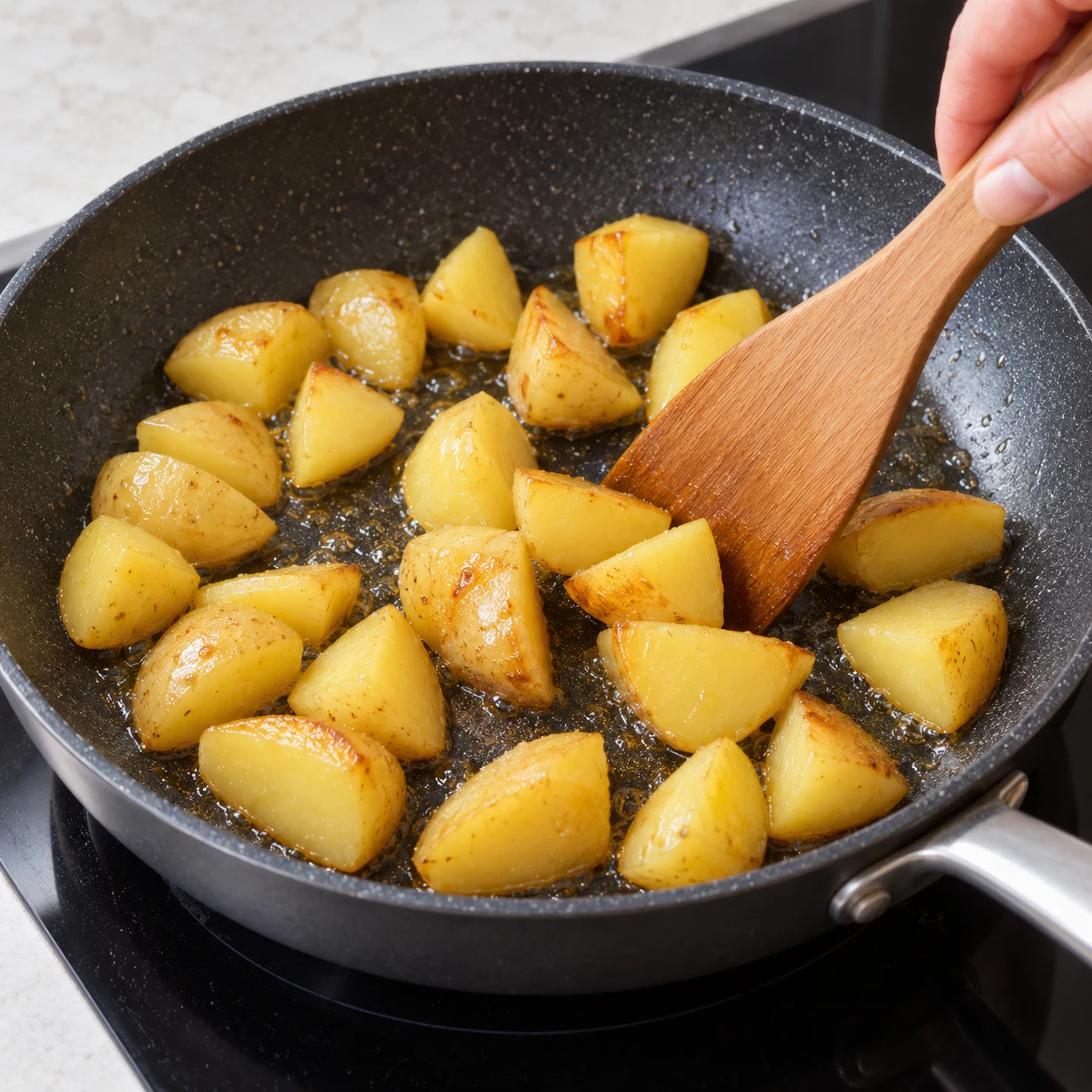 Morceaux de pommes de terre crus à légèrement dorés dans une poêle huilée, sans ail ni sauce.