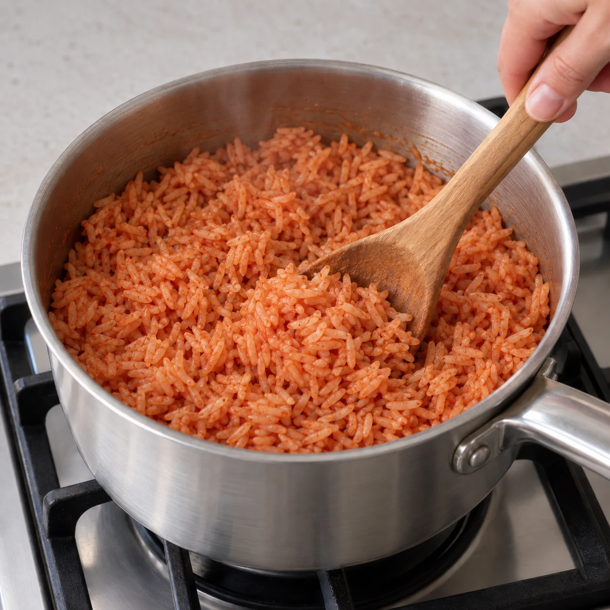 Casserole de riz rouge tendre ayant absorbé son eau au bouillon végétal, grains distincts.