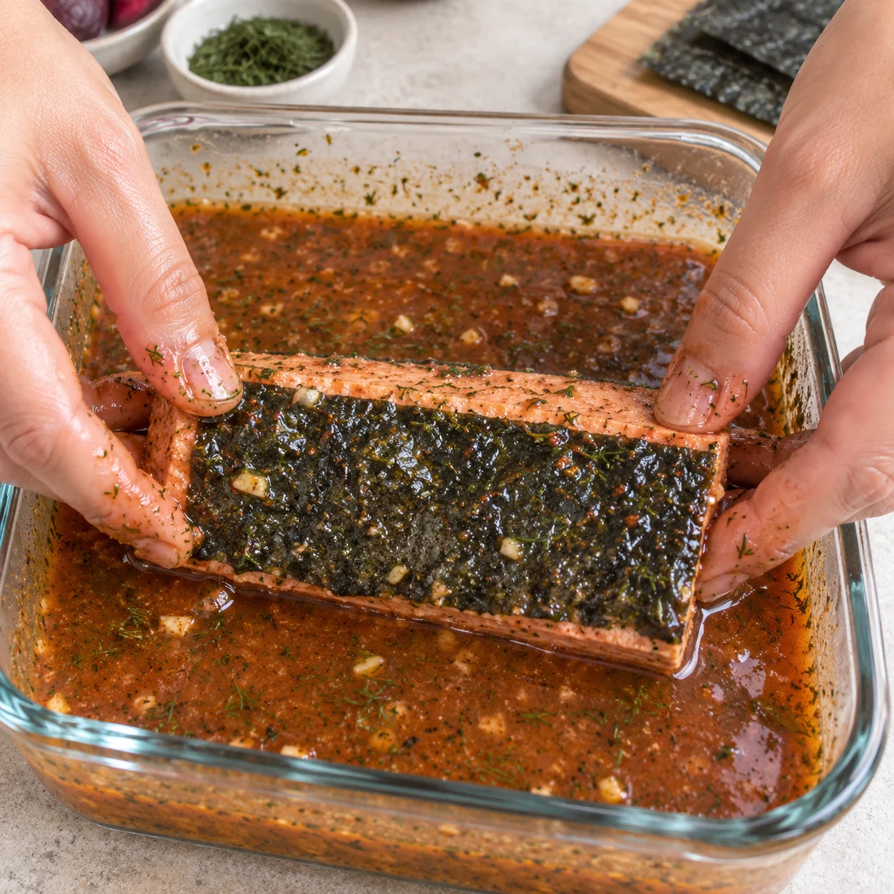 Le filet et sa peau sont humides de marinade.