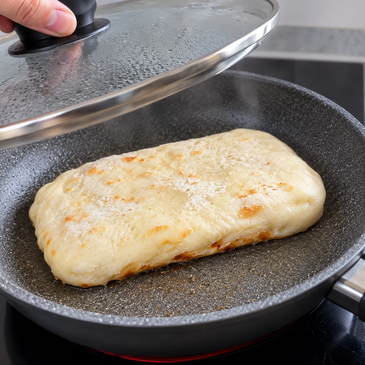 Panini fermé dans une poêle antiadhésive à feu moyen, première face en cuisson, couvercle partiellement levé.