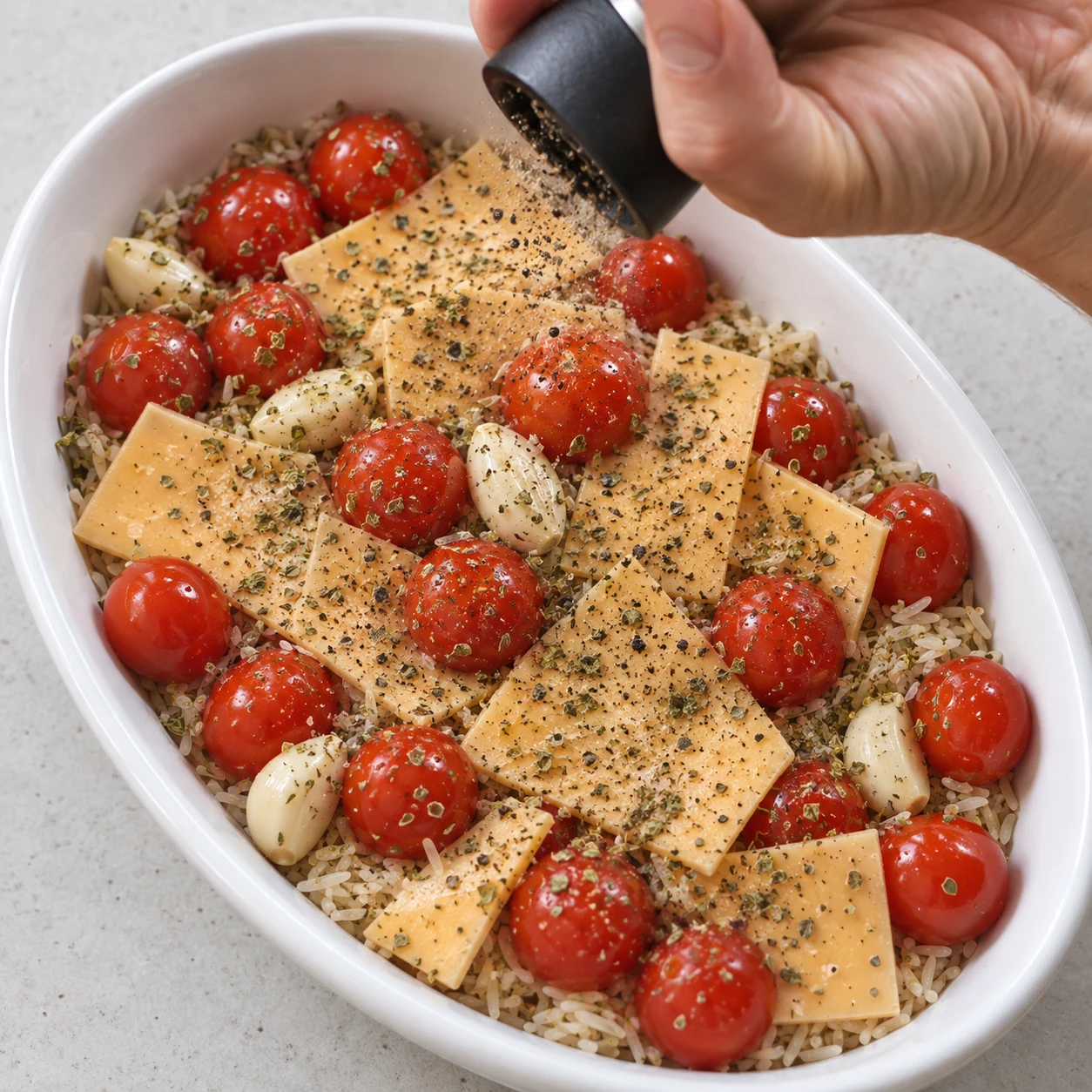 Moulin à poivre au-dessus du plat, herbes séchées déjà réparties.