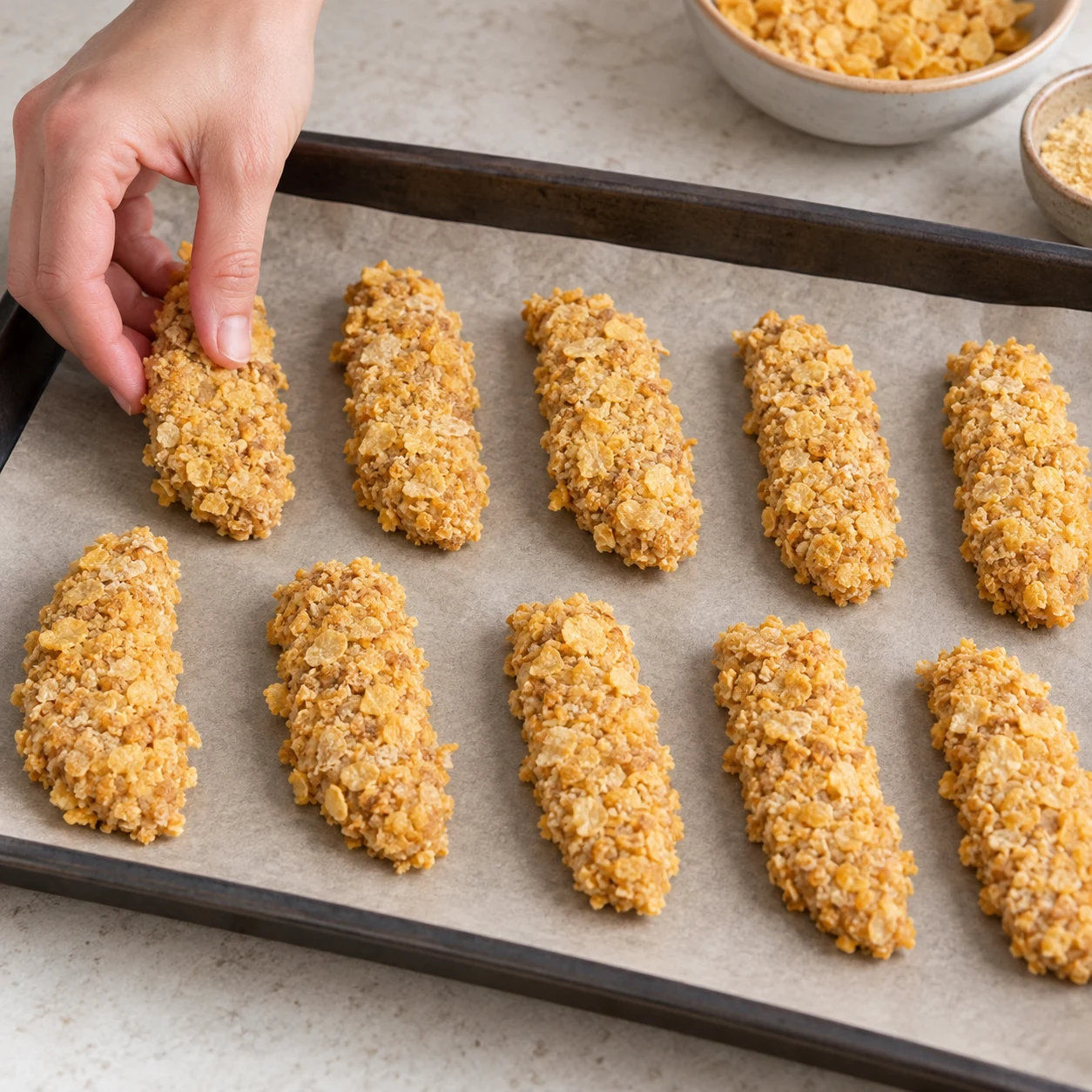 Posez les bâtonnets panés sur une plaque recouverte de papier cuisson, sans les superposer. Une seule phase de préparation. Gros plan carré sur les aliments et le geste ; mains adultes anonymes uniquement si nécessaire.