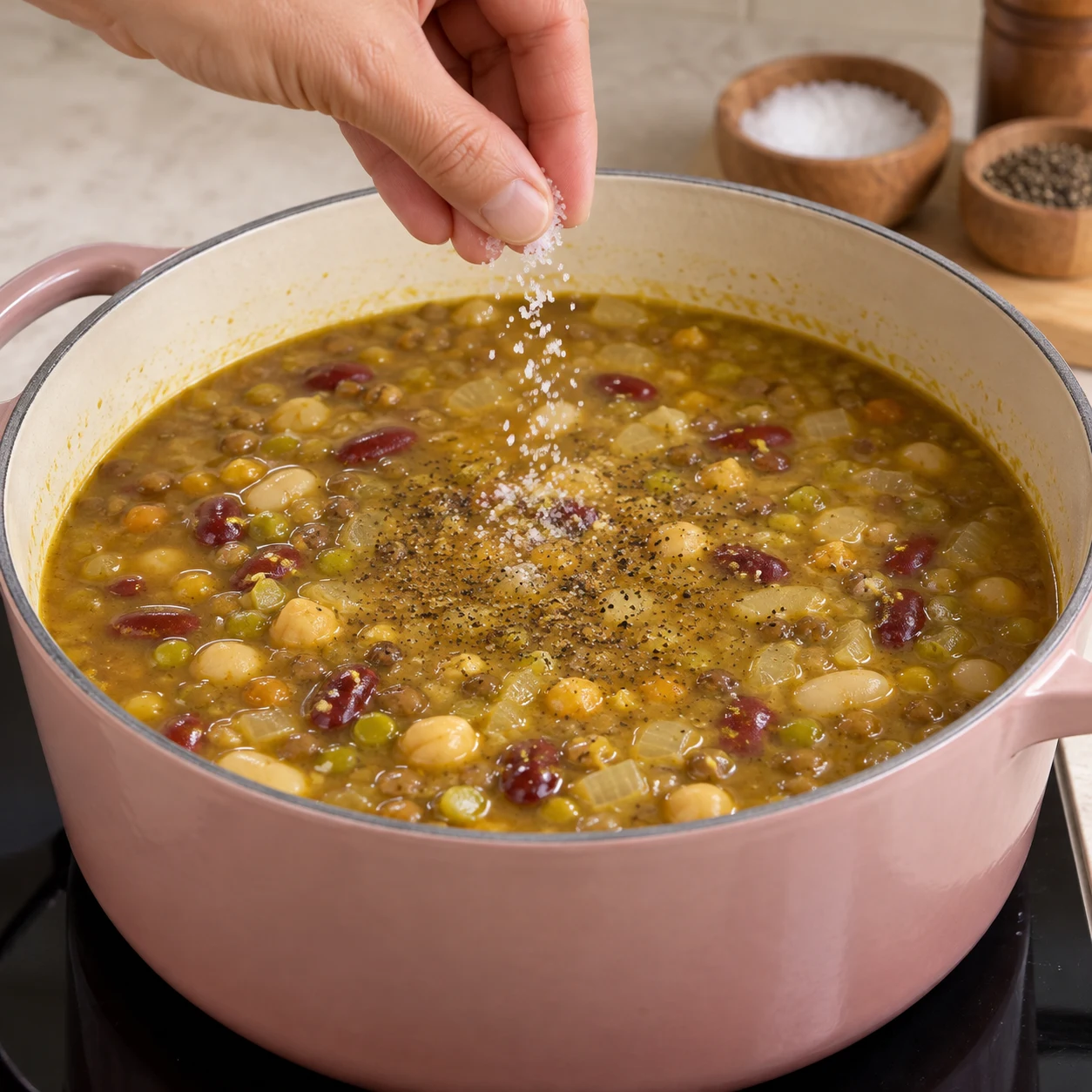 Sale et poivre selon ton goût, puis rectifie l’assaisonnement en goûtant la soupe. Résultat attendu : L’assaisonnement te convient et le bouillon est homogène.