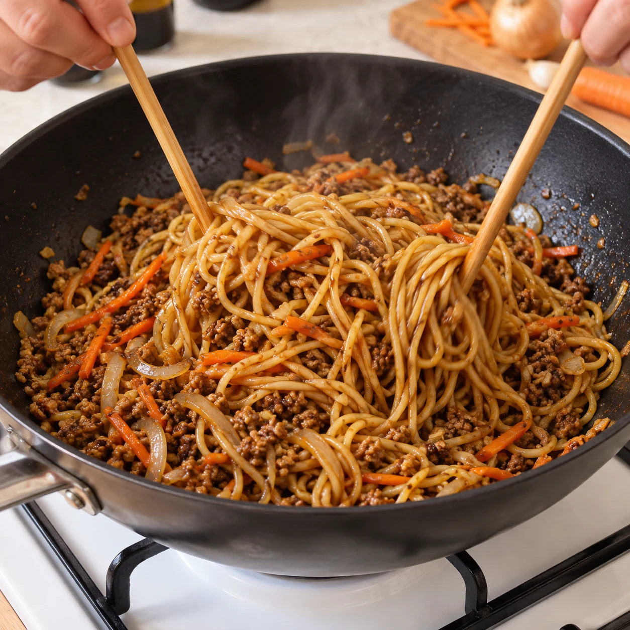 Ajoute les nouilles, le haché de soja réservé et la sauce de cuisson. Mélange avec deux baguettes pendant 3 à 4 minutes. Résultat : La sauce enrobe les nouilles et le haché de soja ; les nouilles sont séparées et chaudes.