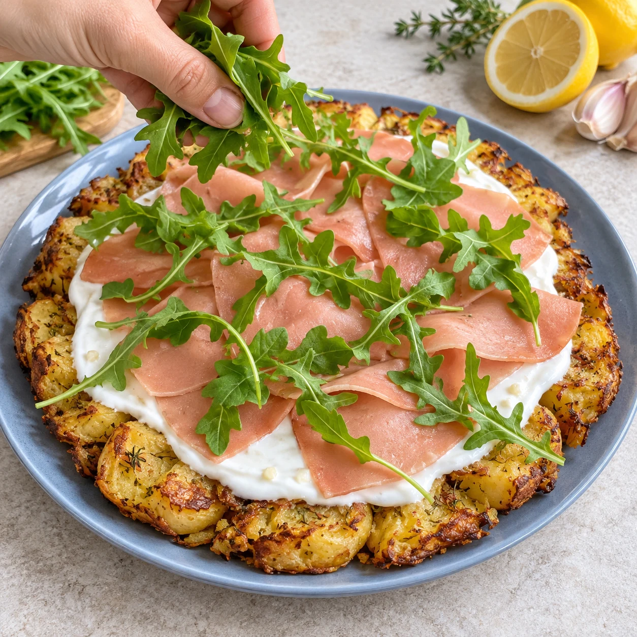 Photographie carrée de l’action : Ajouter la roquette. Les feuilles de roquette sont dispersées sur la tarte. Ingrédients exclusivement ceux de cette étape ; jambon et fromages sont végétaux.