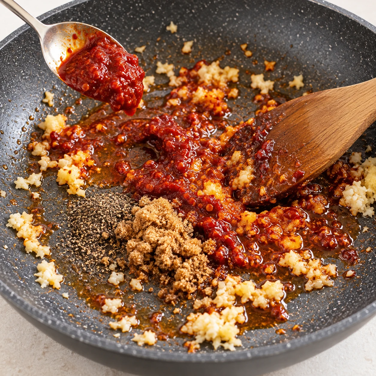 Incorpore les 15 g de purée de piment, la cuillère à soupe d’huile pimentée, les 2 g de poivre noir et les deux cuillères à soupe de sucre brun aux aromates. Mélange. Une seule phase, sans texte ni personne identifiable. Pour la variante, montrer du tofu émietté et jamais des granulés secs, du doubanjiang ou des baies de Sichuan.