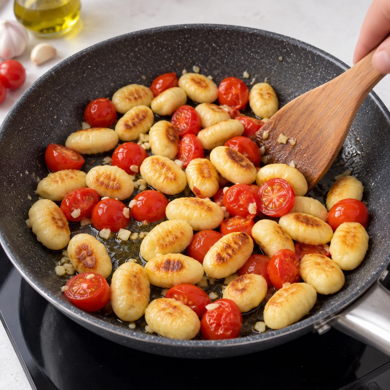 Gnocchis légèrement dorés et tomates dans la poêle.