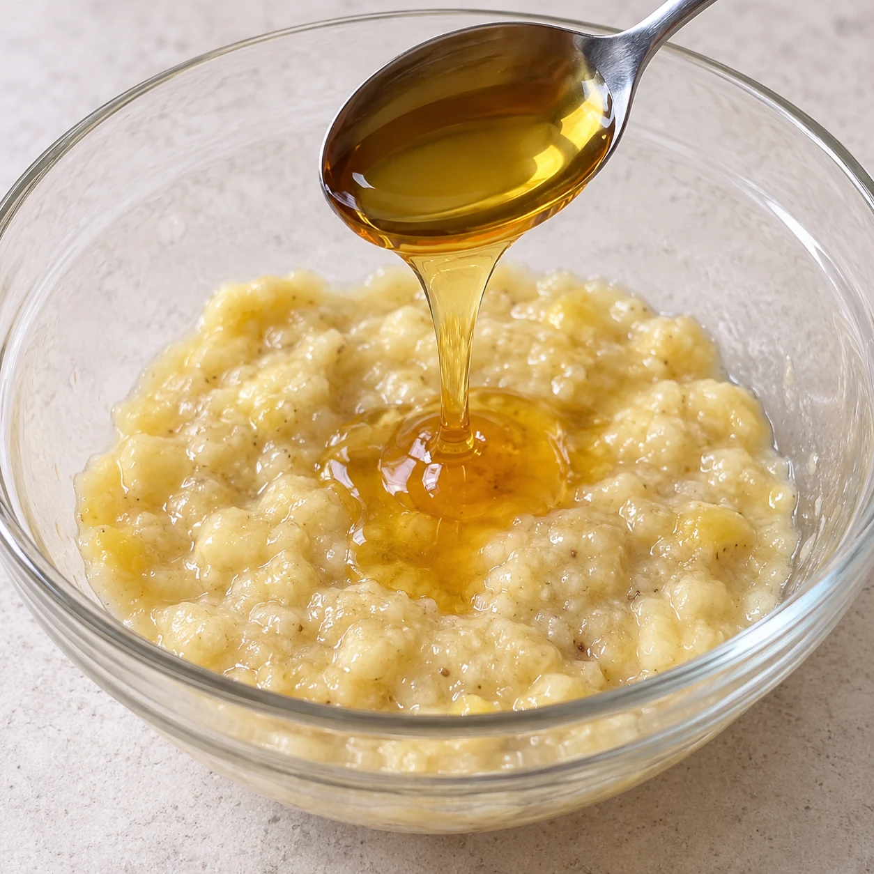 Sirop d’agave versé sur la purée de banane.